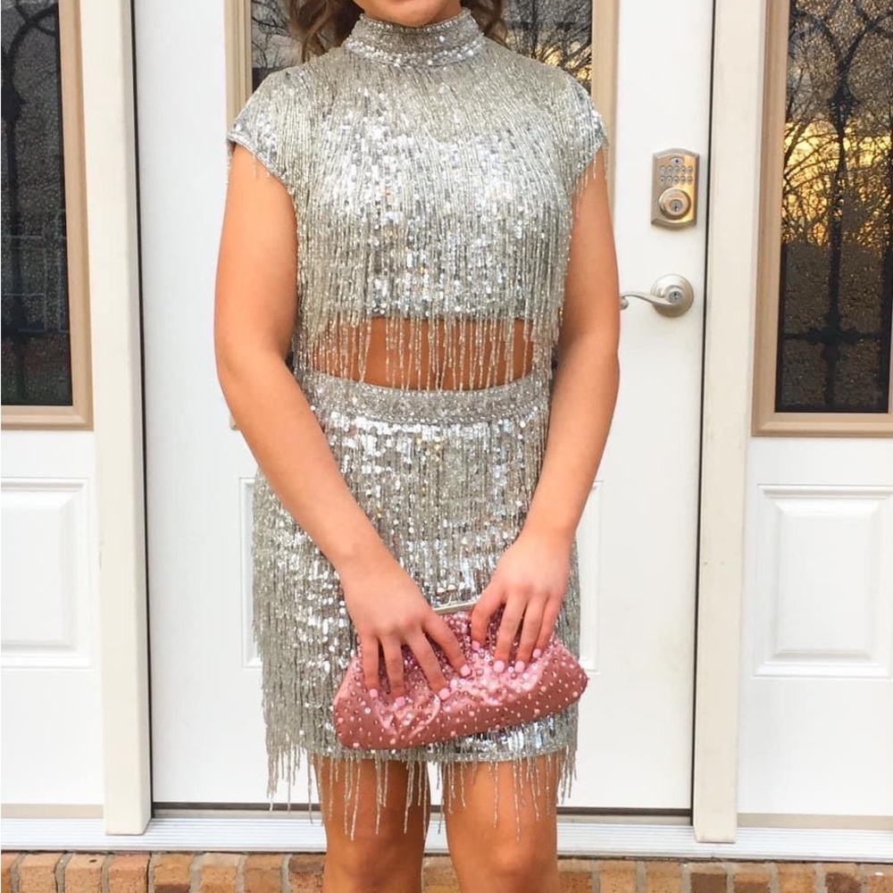 Sherri Hill silver beaded formal dress
